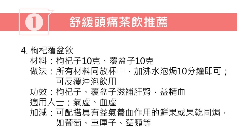 紓緩頭痛茶療（圖片獲註冊中醫(yī)師林家揚授權(quán)轉(zhuǎn)載）