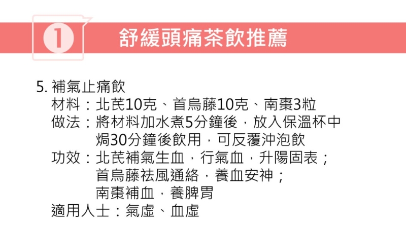 紓緩頭痛茶療（圖片獲註冊中醫(yī)師林家揚授權(quán)轉(zhuǎn)載）