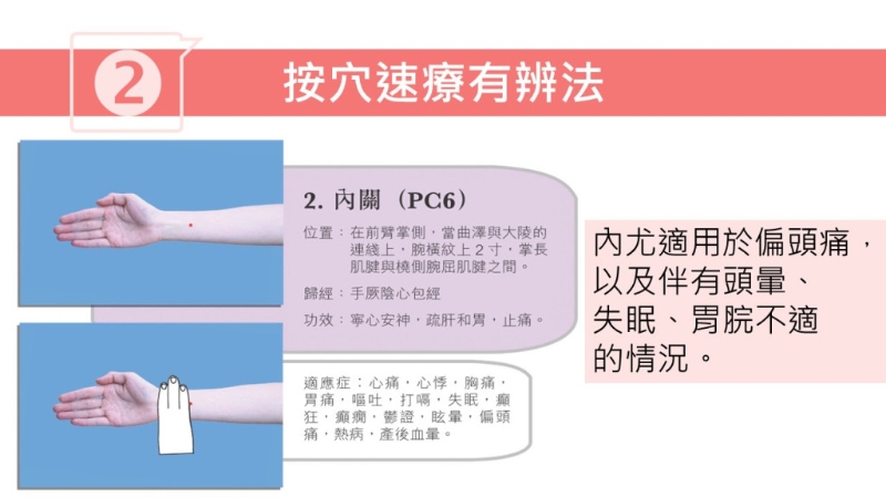 按穴位止頭痛方法（圖片獲註冊中醫(yī)師林家揚授權(quán)轉(zhuǎn)載）