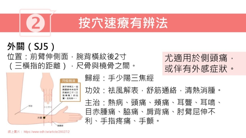 按穴位止頭痛方法（圖片獲註冊中醫(yī)師林家揚授權(quán)轉(zhuǎn)載）