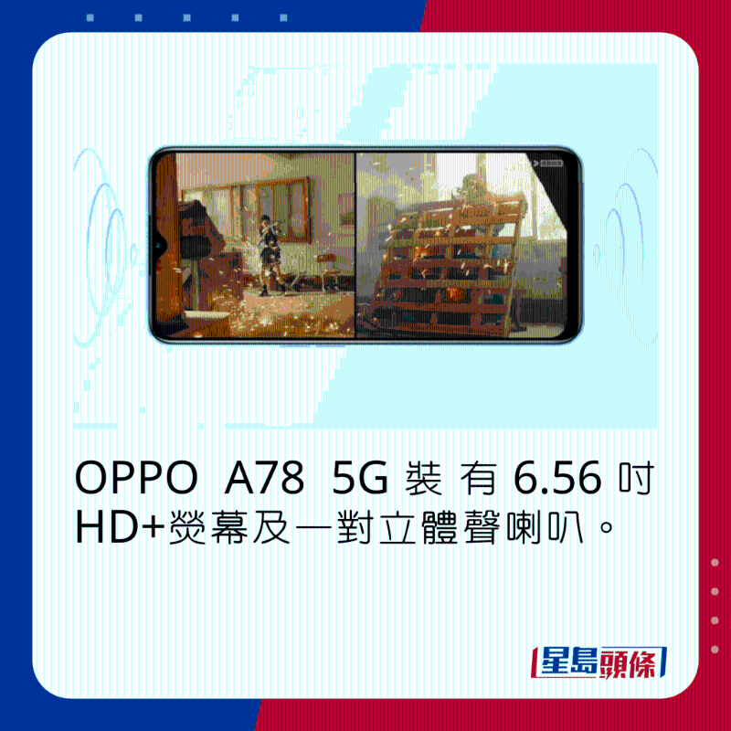 OPPO A78 5G裝有6.56吋HD+熒幕及一對立體聲喇叭。