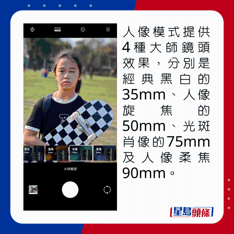 人像模式提供4種大師鏡頭效果，分別是經(jīng)典黑白的35mm、人像旋焦的50mm、光斑肖像的75mm及人像柔焦90mm。