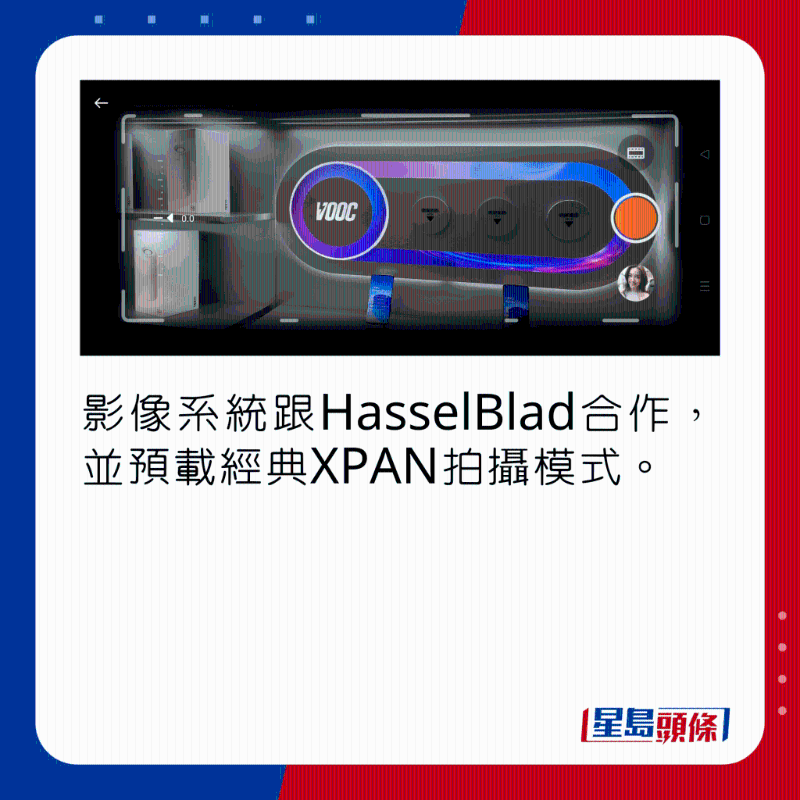 影像系統(tǒng)跟HasselBlad合作，并預載經典XPAN拍攝模式。