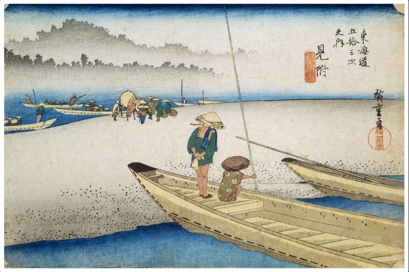 日本浮世繪｜歌川廣重大叔圖譜：《東海道五拾三次之內(nèi)　見附　天竜川船渡し》