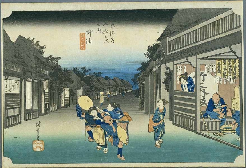 日本浮世繪｜歌川廣重大叔圖譜：《五十三次 吉田／御油》，描繪一家旅館的一名婦女，當(dāng)街搶客。