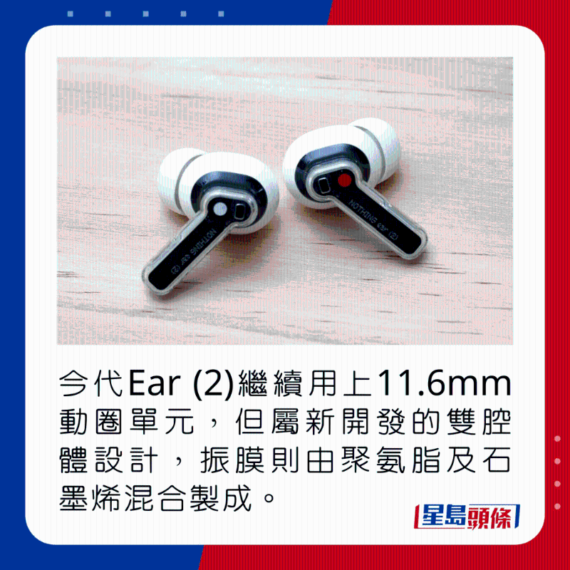 今代Ear (2)繼續(xù)用上11.6mm動(dòng)圈單元，但屬新開(kāi)發(fā)的雙腔體設(shè)計(jì)，振膜則由聚氨脂及石墨烯混合製成。