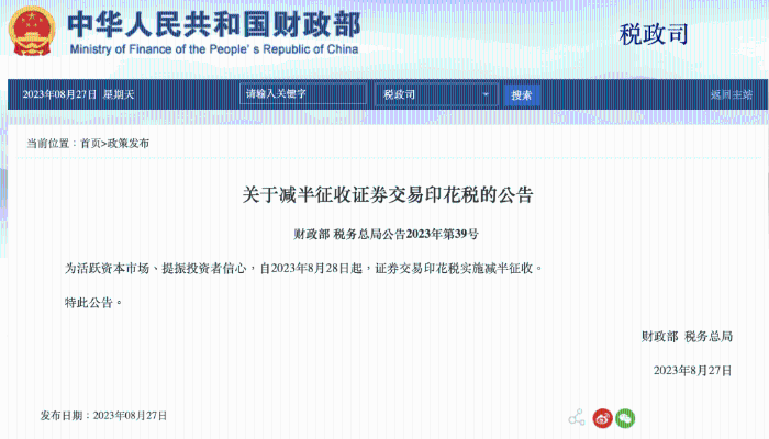 國家財政部及稅務(wù)總局刊登公告，由今日（28日）起實施證券交易印花稅減半征收。