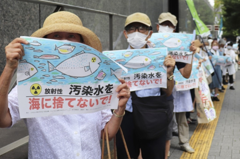 日本民眾手持不要將污染水扔進大海等標(biāo)語在東京電力公司總部前集會抗議。
