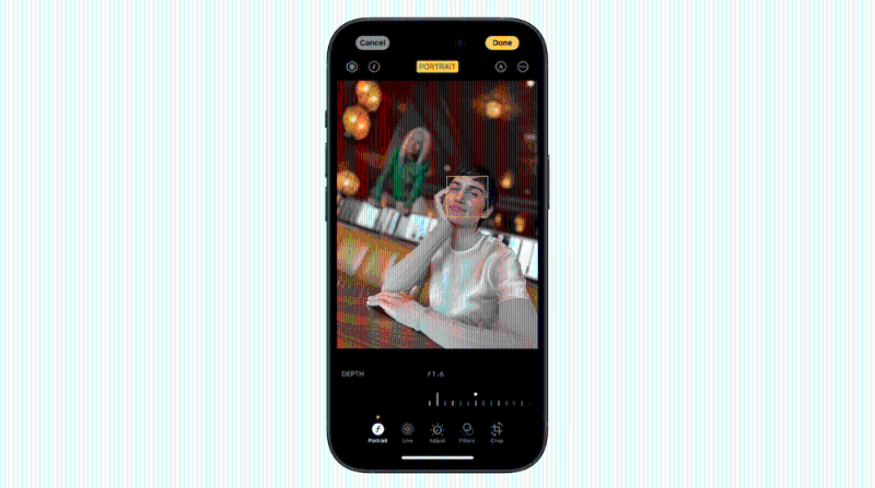 iPhone 15及iPhone 15 Plus廣角主鏡可以自動(dòng)偵測(cè)開啟人像拍攝，并可在拍攝后再調(diào)校焦距。