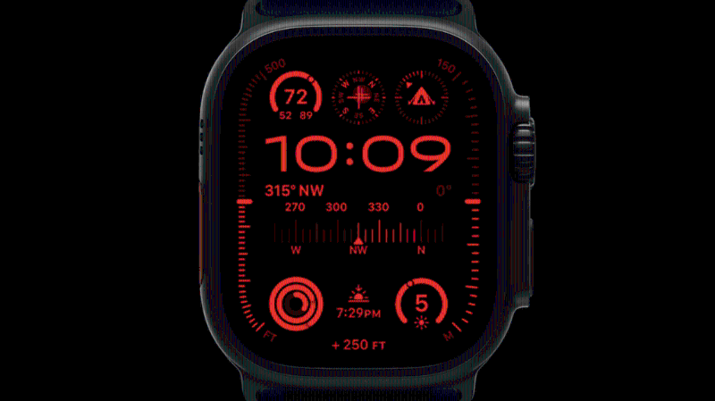 Apple Watch Ultra 2登場(chǎng)，屏幕亮度高達(dá)3,000nits， 夜間模式更可以在昏暗環(huán)境中啟動(dòng)。