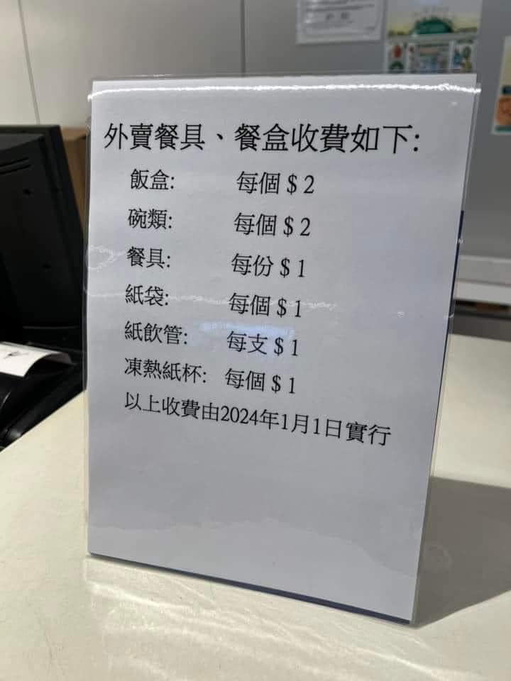 早前網(wǎng)上流傳一張照片，相內(nèi)見(jiàn)到外賣(mài)餐具、餐合的收費(fèi)：飯盒每個(gè)2元，碗類(lèi)每個(gè)2元，餐具每份1元，紙袋每個(gè)1元，紙飲管支1元，凍熱紙杯每個(gè)1元。 網(wǎng)絡(luò)圖片