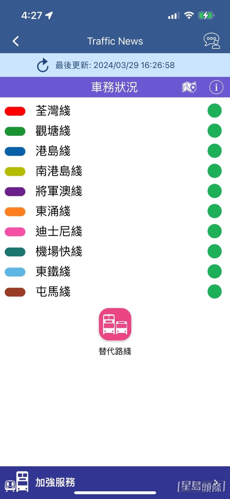 港鐵手機應(yīng)用程式顯示所有列車路線已回復(fù)正常