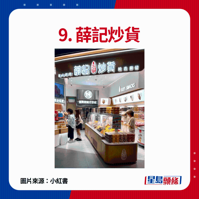 9. 薛記炒貨：出售多款堅(jiān)果及果脯零食產(chǎn)品，如瓜子、花生、蠶豆、栗子、水果干等