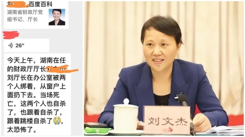 網(wǎng)傳湖南財(cái)政廳女廳長(zhǎng)劉文杰被人扔下樓死亡，兇手隨后也跳樓自殺。