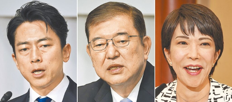 日本自民黨27日將舉行總裁選舉，小泉進次郎（左起）、石破茂、高市早苗呈「三強鼎立」態(tài)勢。（美聯(lián)社）