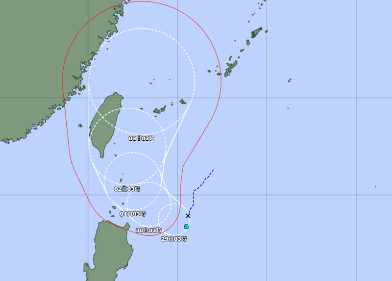 熱帶性低氣壓最快28日增強(qiáng)為臺(tái)風(fēng)，下周開始北上朝臺(tái)灣接近。 （翻攝日本氣象廳）