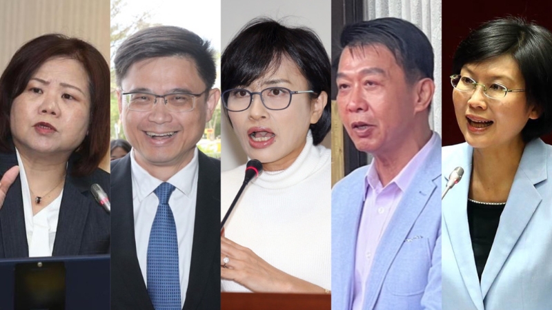 民進(jìn)黨高雄市長(zhǎng)初選5搶1，分別為前“勞動(dòng)部長(zhǎng)”許銘春（左一）、賴瑞?。ㄗ蠖?、“立委”邱議瑩（左三）、許智杰（右二）、林岱樺（右一），競(jìng)爭(zhēng)激烈。