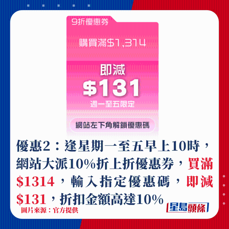 優(yōu)惠2：逢星期一至五早上10時(shí)，網(wǎng)站大派10%折上折優(yōu)惠券，買滿$1314，輸入指定優(yōu)惠碼，即減$131，折扣金額高達(dá)10%