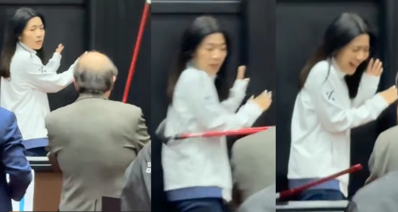 徐巧芯遭柯建銘狂砸拐杖擊中手臂，驚恐尖叫，引發(fā)藍(lán)委公憤。（合成圖／國(guó)民黨立院黨團(tuán)提供）