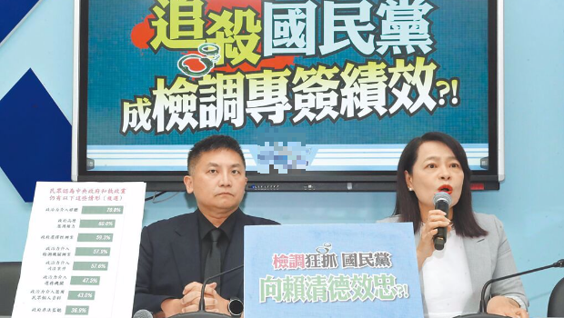 藍(lán)委許宇甄(右)、吳宗憲(左)28日質(zhì)疑民進(jìn)黨政府拿“司法”迫害在野黨。