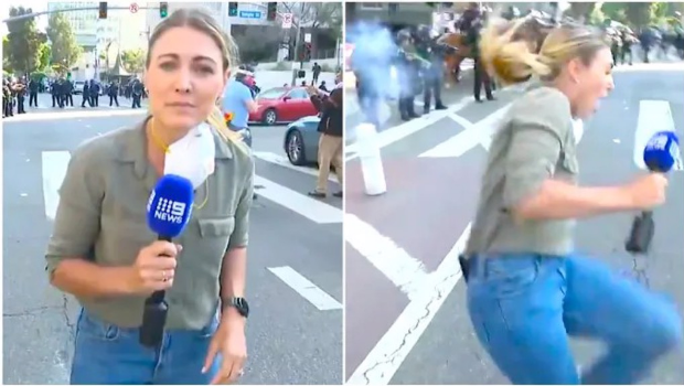 澳洲記者托馬西在連線報導洛杉磯暴亂時，被后方的鎮(zhèn)暴警察開了一槍，橡皮子彈擊中她的腿。