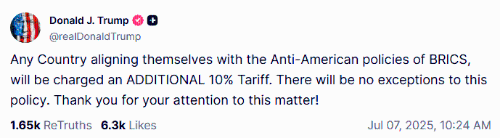 特朗普威脅向“支持金磚國家反美政策”國家加征10%關(guān)稅 特朗普威脅向“支持金磚國家反美政策”國家加征10%關(guān)稅