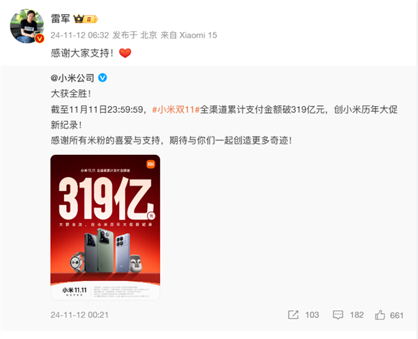 小米雙11銷售額破290億！雷軍：謝謝大家支持