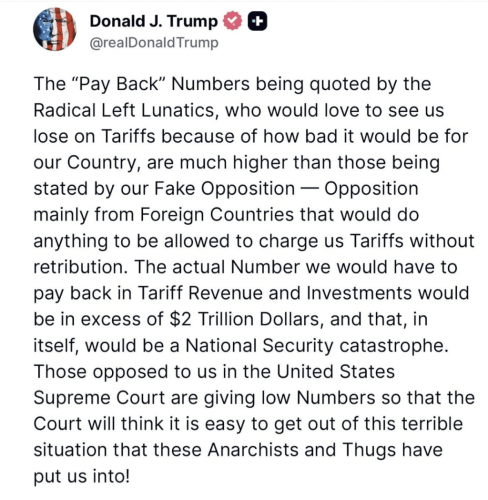 特朗普發(fā)帖，強(qiáng)調(diào)若法院最終裁定其動(dòng)用IEEPA征收關(guān)稅的行為違法，所造成的后果將遠(yuǎn)超外界預(yù)期。